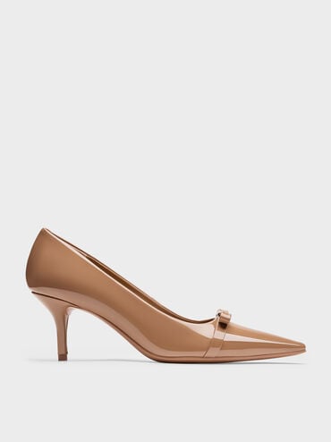 Zapatos de tacón de aguja de charol con puntera puntiaguda y lazo Dorian, Caramelo, hi-res