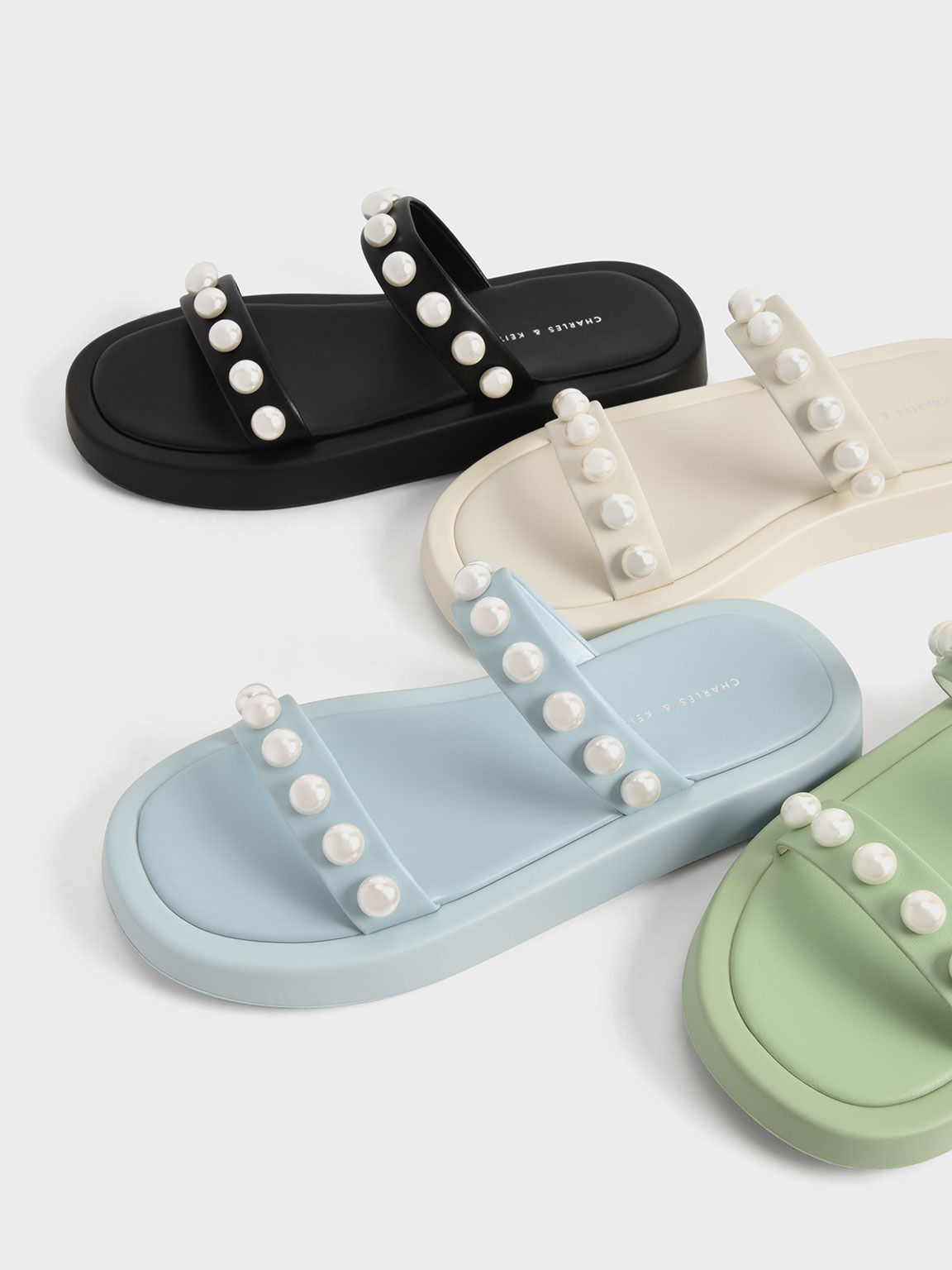 Pearl-Embellished Slide Sandals, Light Blue, hi-res