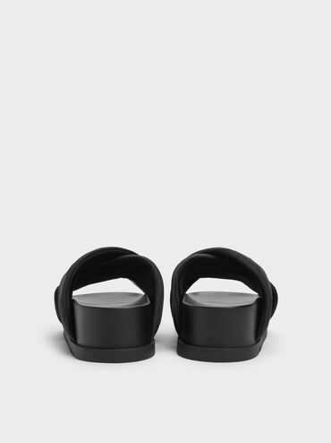 Satin Embroidered-Flower Crossover Sandals, Black Textured, hi-res