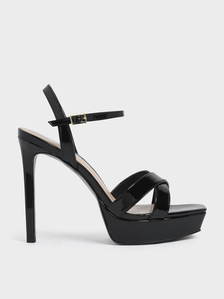 Criss Cross Ankle Strap Patent Platform Heels, Black, hi-res