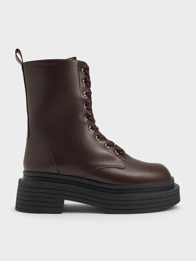 Botas de combate con plataforma de sat&eacute;n y encaje, Marr&oacute;n oscuro, hi-res