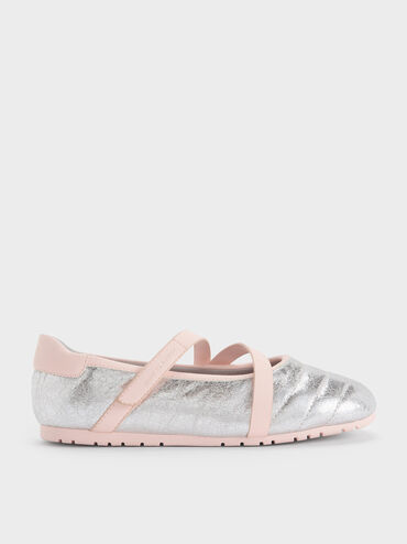 Girls' Metallic Crinkle-Effect Mary Jane Sneakers, Silver, hi-res