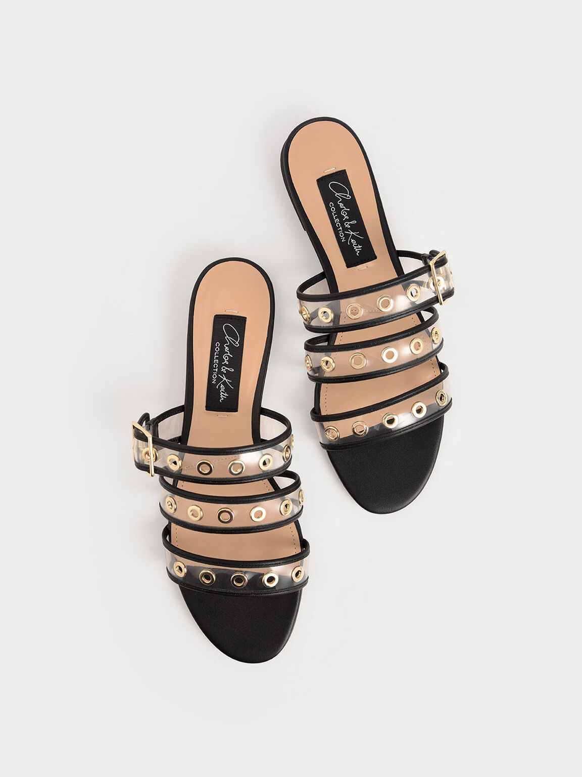 Leather Eyelet-Embellished Slide Sandals, Black, hi-res
