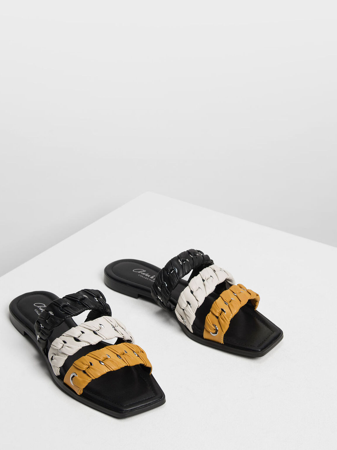 Weave Detail Leather Slide Sandals, Multi, hi-res