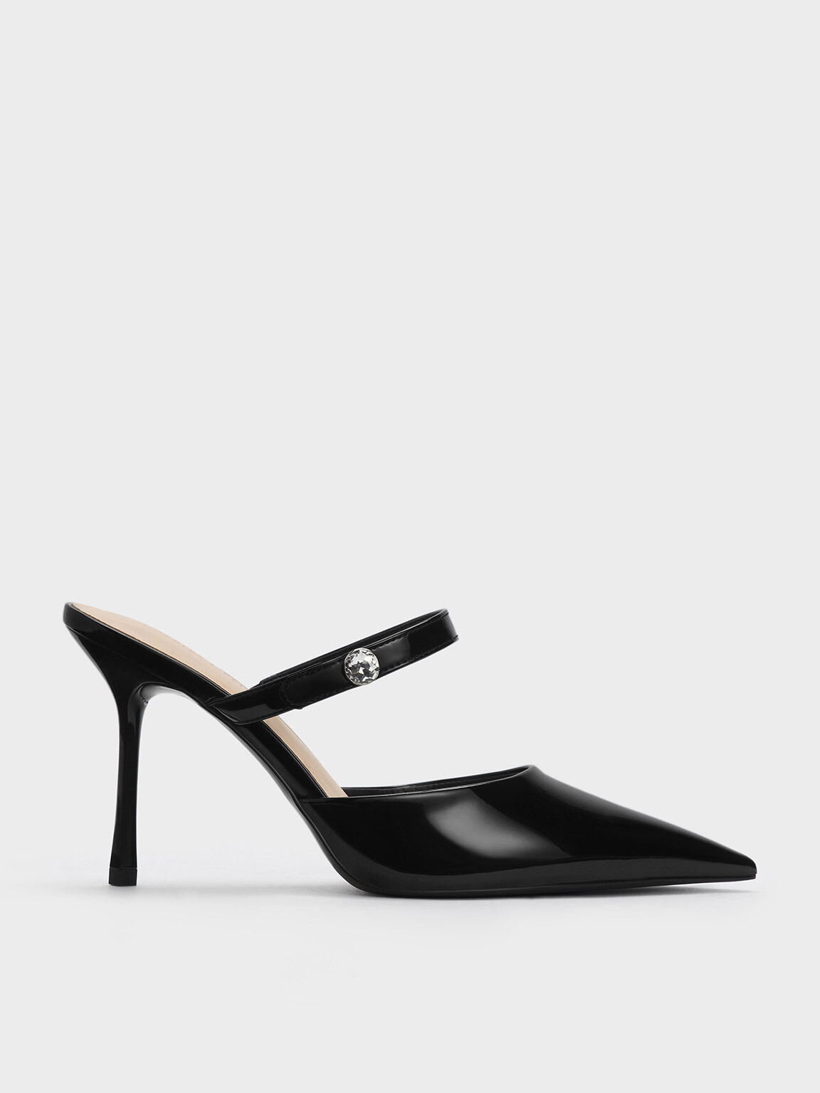 Black Patent Crystal-Accent Stiletto-Heel Mules - CHARLES Black Patent Crystal-Accent Stiletto-Heel Mules - CHARLES