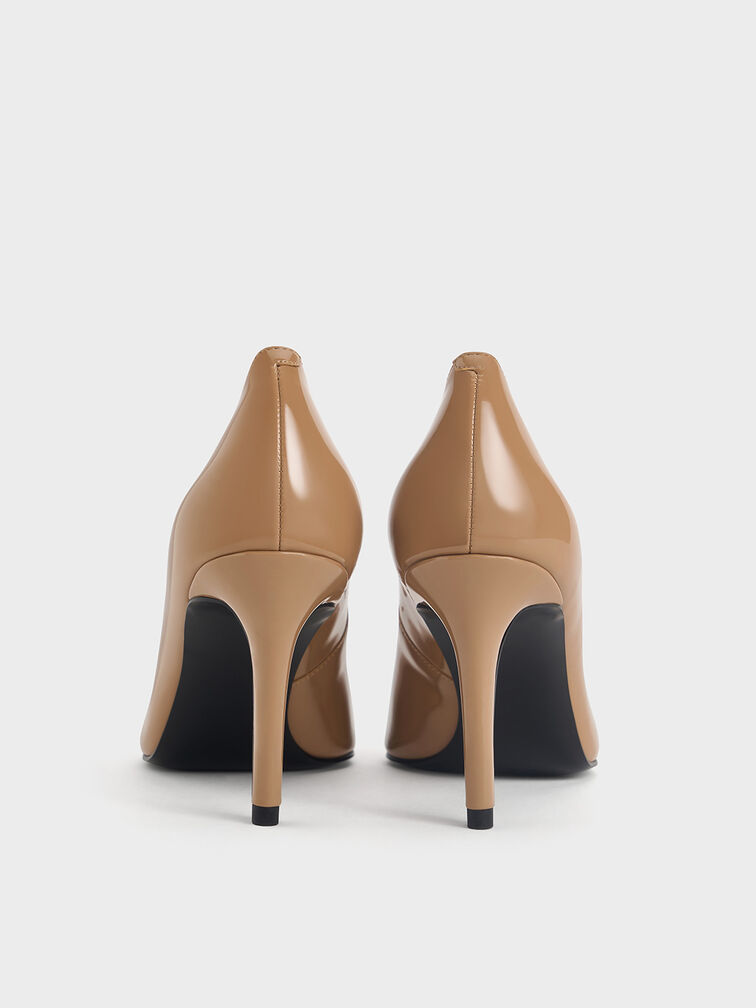 Patent Bow Pointed-Toe Stiletto-Heel Pumps, Caramel, hi-res