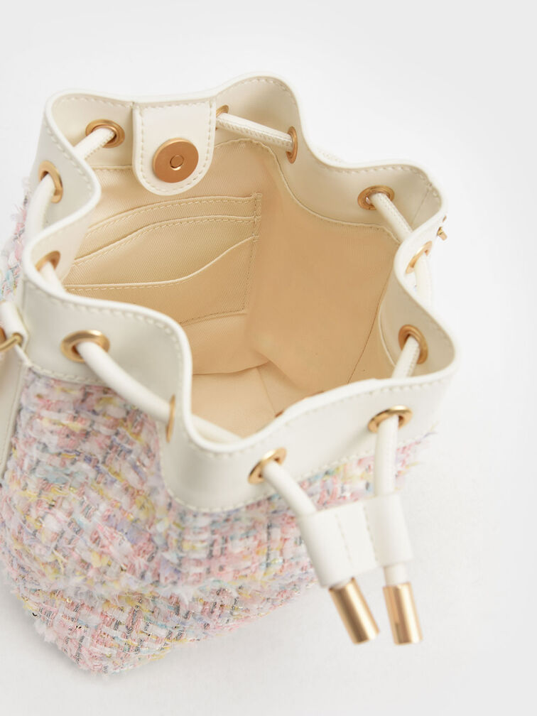 Woven Handle Tweed Bucket Bag, Light Pink, hi-res