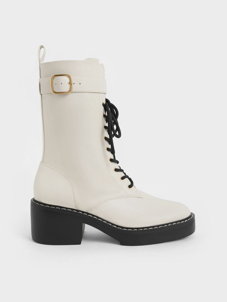 Buckled Lace-Up Platform Boots, Chalk, hi-res