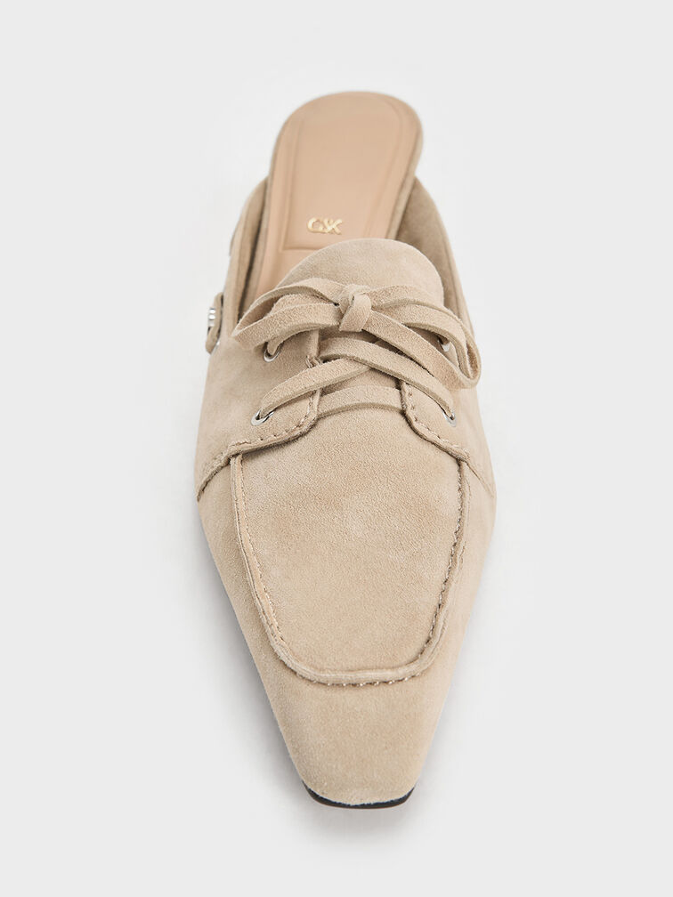 Mules de gamuza Kori con cordones y tacón escultural, Beige, hi-res