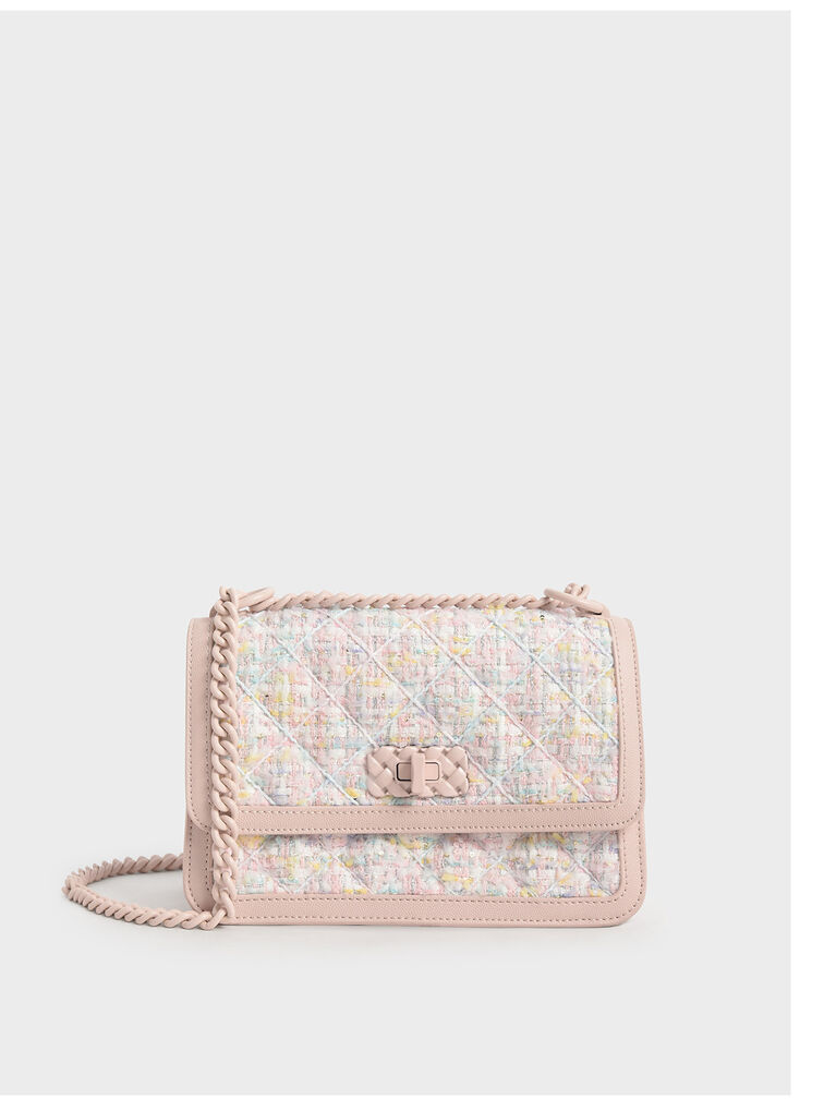 Micaela Tweed Quilted Chain Bag, Light Pink, M