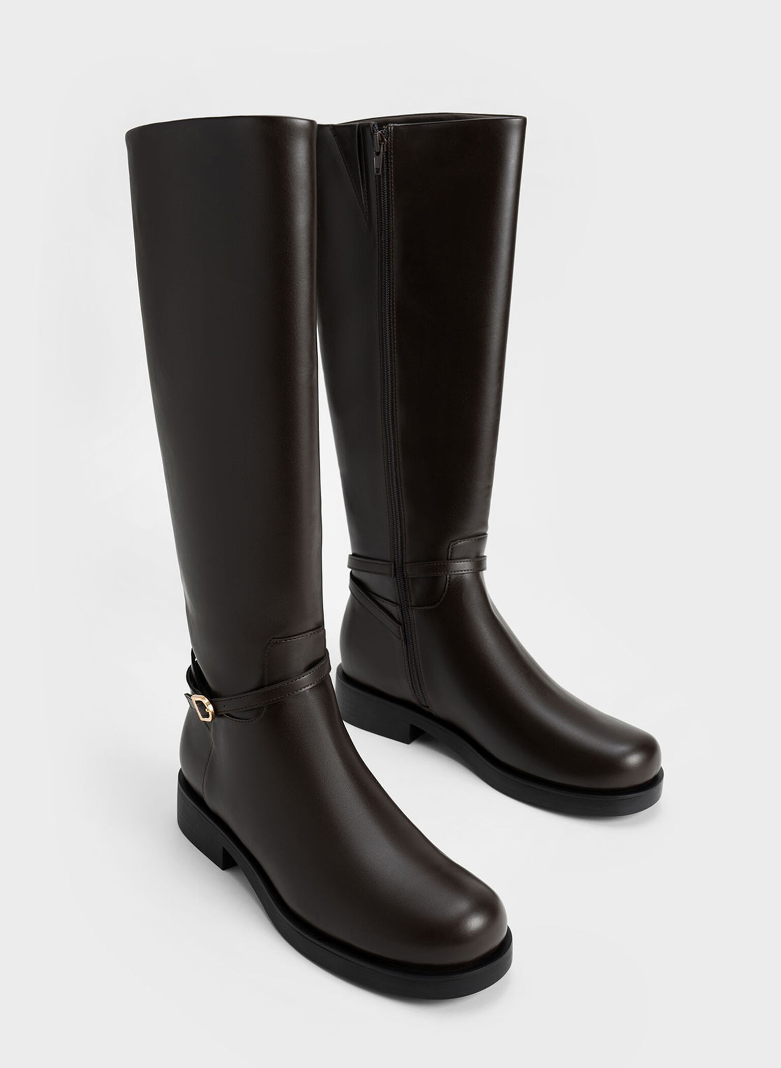 Dark Brown Belted Knee-High Boots - CHARLES & KEITH MX