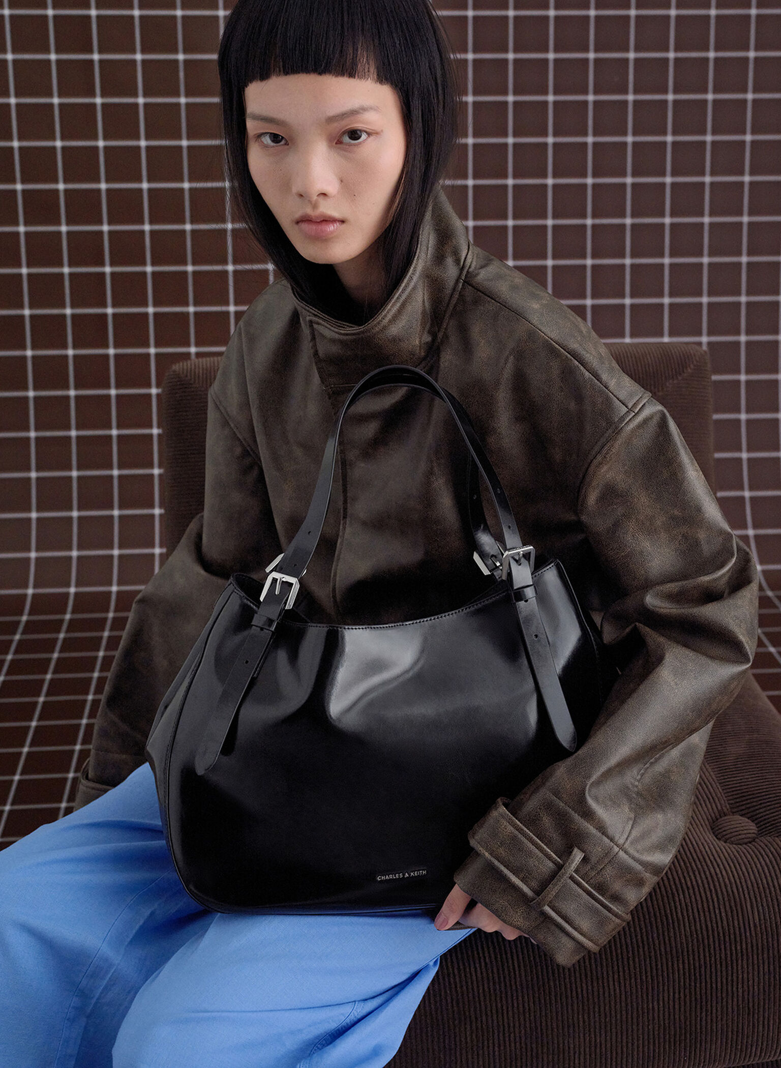 Bolso tote holgado con hebilla, Noir, hi-res