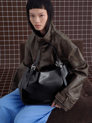 Bolso tote holgado con hebilla, Noir, hi-res