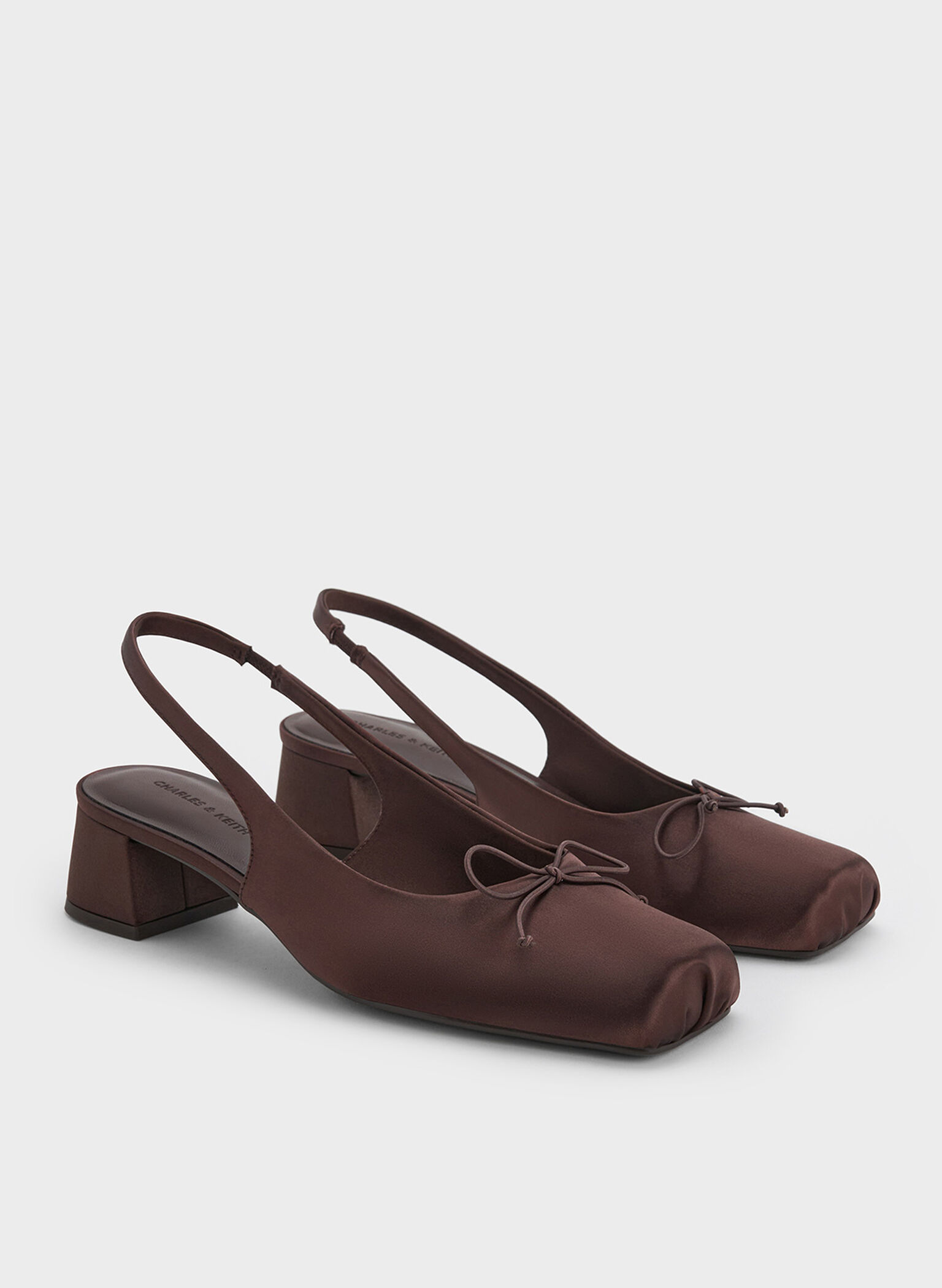 Satin Bow Square-Toe Slingback Pumps, Dark Brown, hi-res