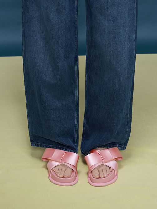 Satin Bow Flatform Sandals, Pink, hi-res
