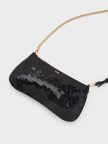 Sequin Mesh & Leather Shoulder Bag, Negro, hi-res