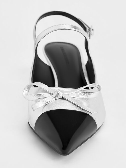 Metallic Bow Cap-Toe Kitten-Heel Slingback Pumps, Silver, hi-res