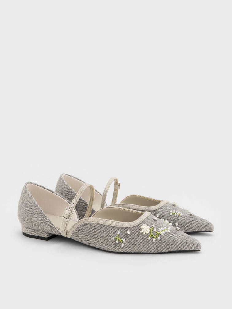 Twill Bead-Flower Pointed-Toe D'Orsay Mary Jane Flats, Grey, hi-res