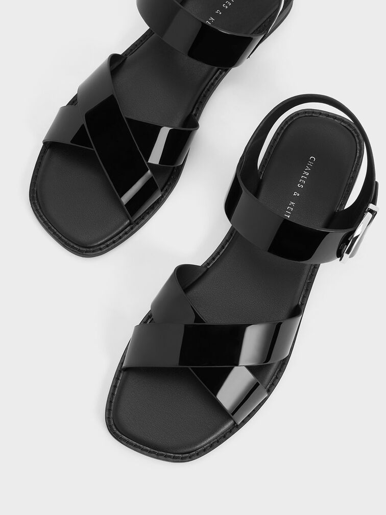 Patent Crossover Strap Sandals, Black Patent, hi-res