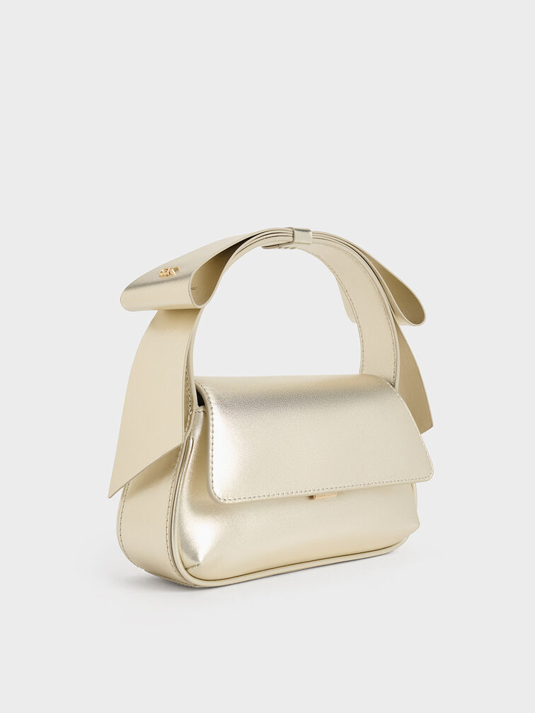 Leather Metallic Bow Top-Handle Bag, Champagne, hi-res