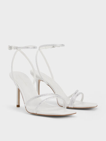 Satin Crystal-Embellished Stiletto-Heel Sandals, White, hi-res