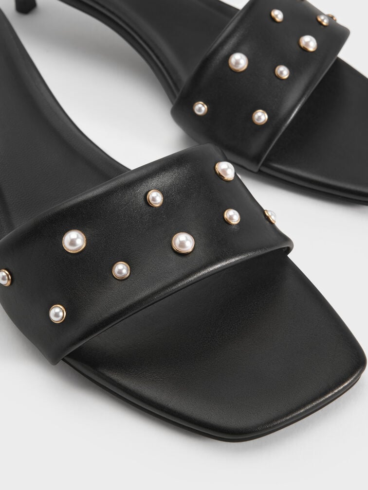 Susie Pearl-Embellished Square-Toe Kitten-Heel Mules, Black, hi-res
