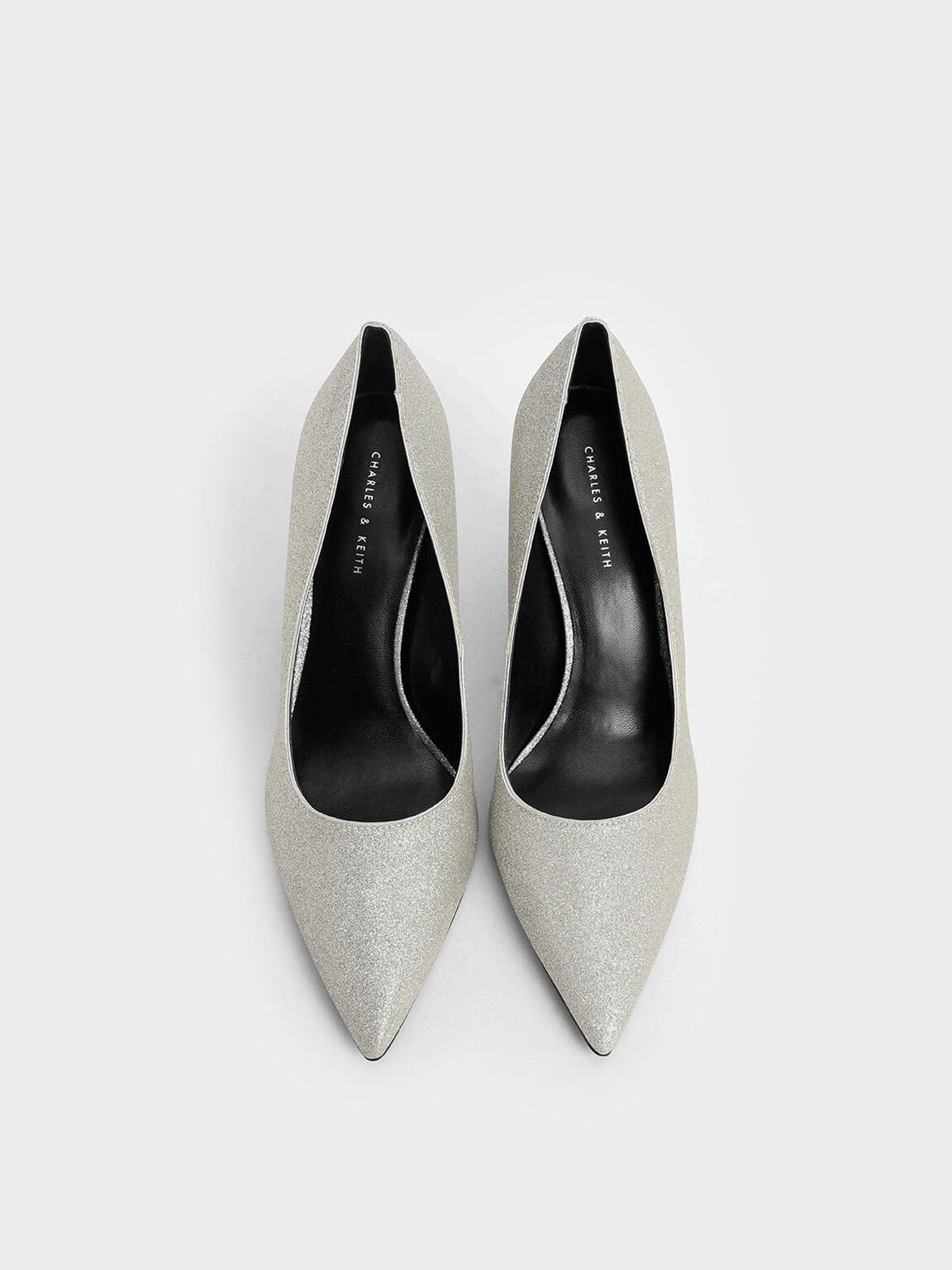 Glitter Pointed Toe Court Shoes, Silver, hi-res