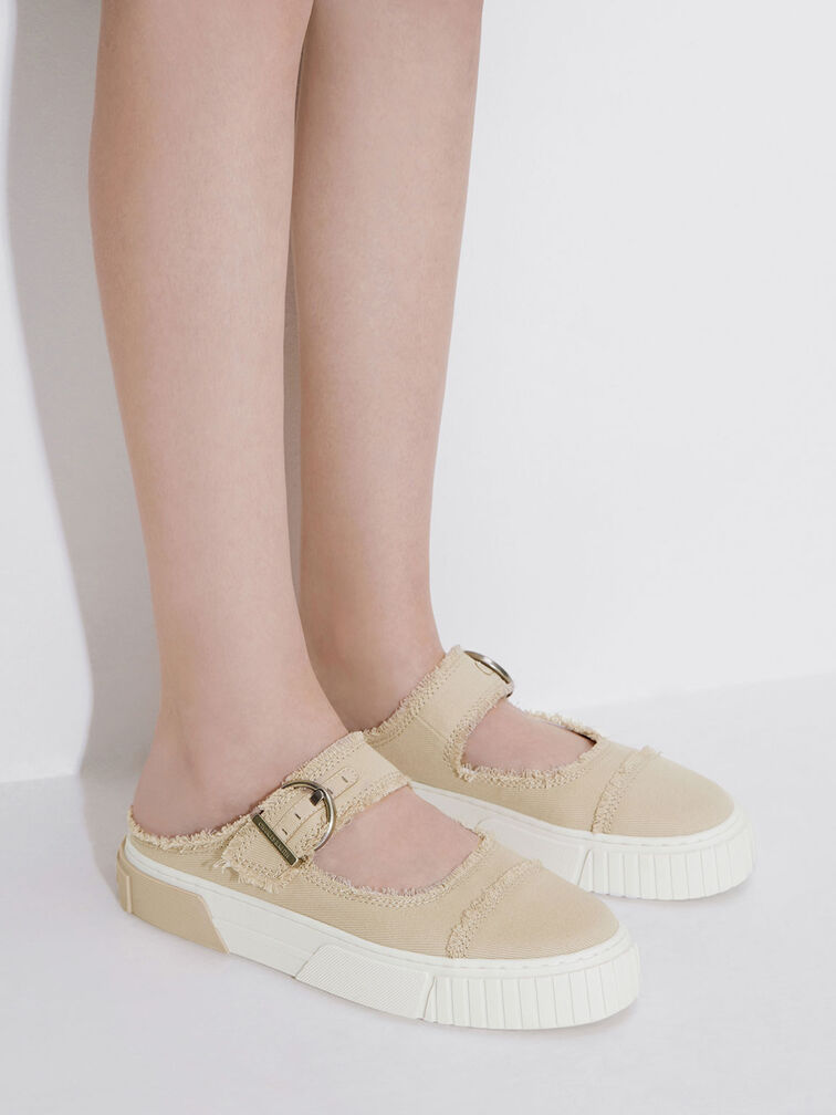 Denim Buckled Slip-On Sneakers, Beige, hi-res