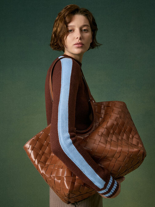 Tote bag trenzado Ivette, Marrón chocolate, hi-res
