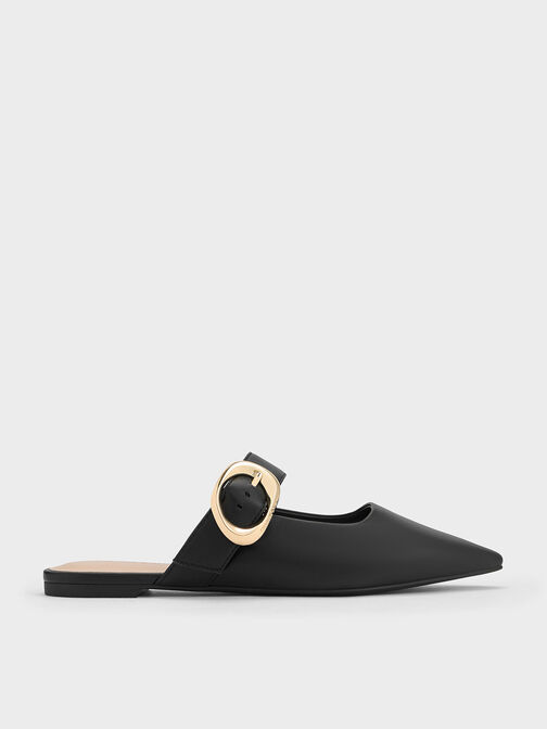 Buckle-Strap Flat Mules, Black, hi-res