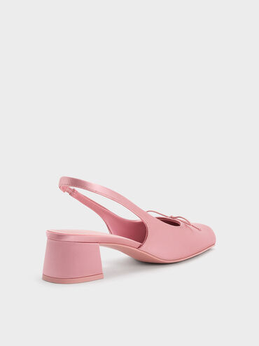 Slingbacks de tacón con puntera cuadrada y lazo de satén, Rosa, hi-res