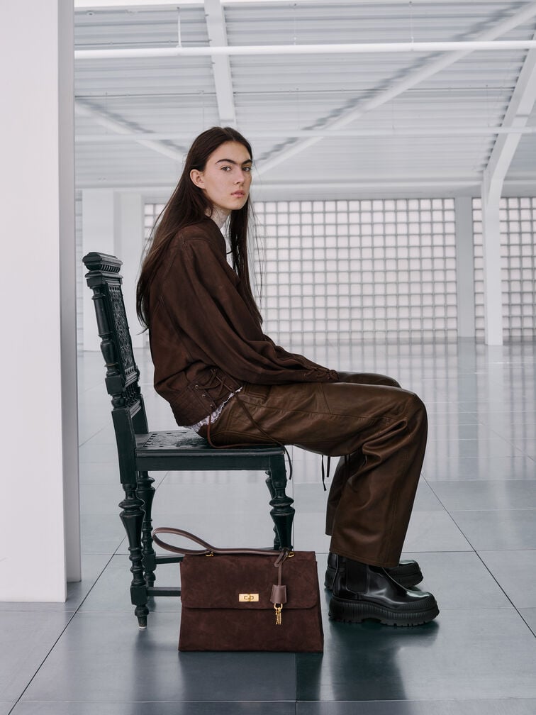 Kerry Recycled Suede Top Handle Satchel Bag, Espresso Brown, hi-res