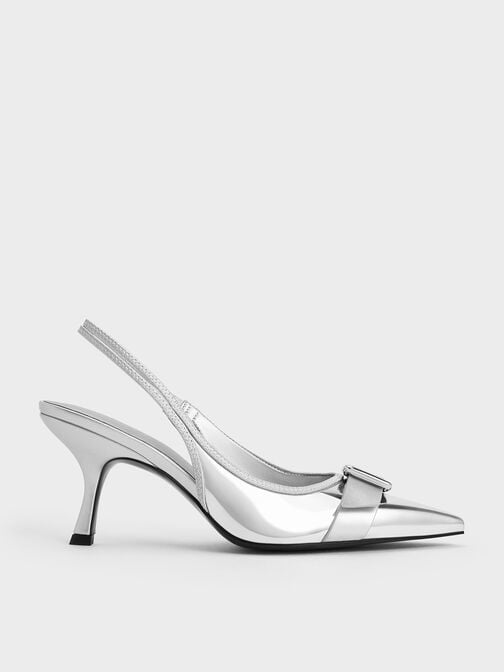 Metallic Buckled Pointed-Toe Slingback Pumps, Silver, hi-res
