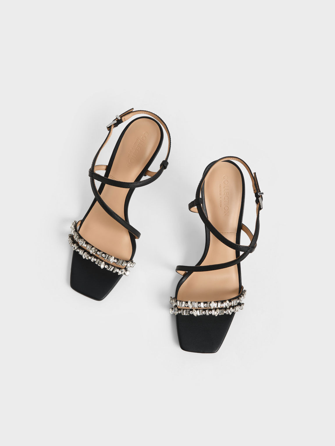Leather Gem-Embellished Strappy Sandals, Black, hi-res