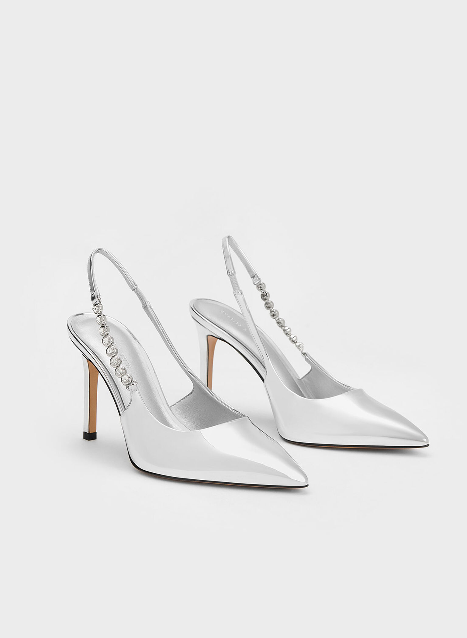 Flores Metallic Gem-Strap Slingback Pumps, Silver, hi-res