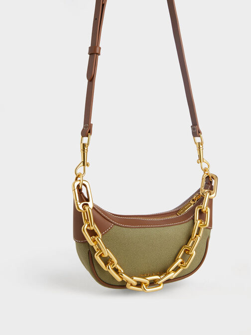 Shalia Canvas Chain-Handle Moon Bag, Avocado, hi-res