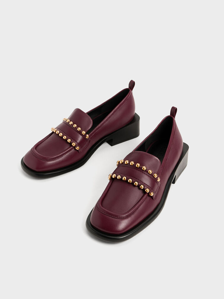 Studded Leather Penny Loafers, Prune, hi-res