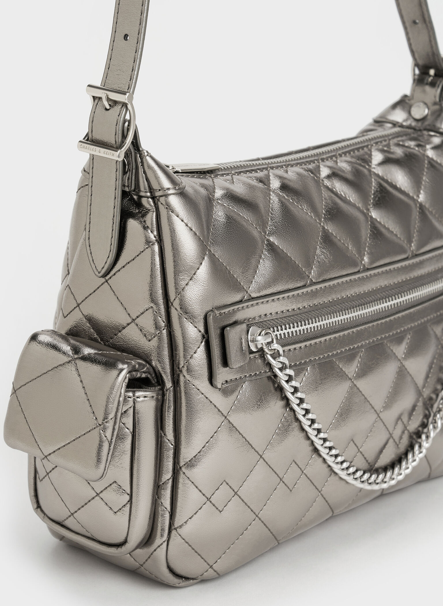 Duo Metallic Quilted Shoulder Bag, Pewter, hi-res