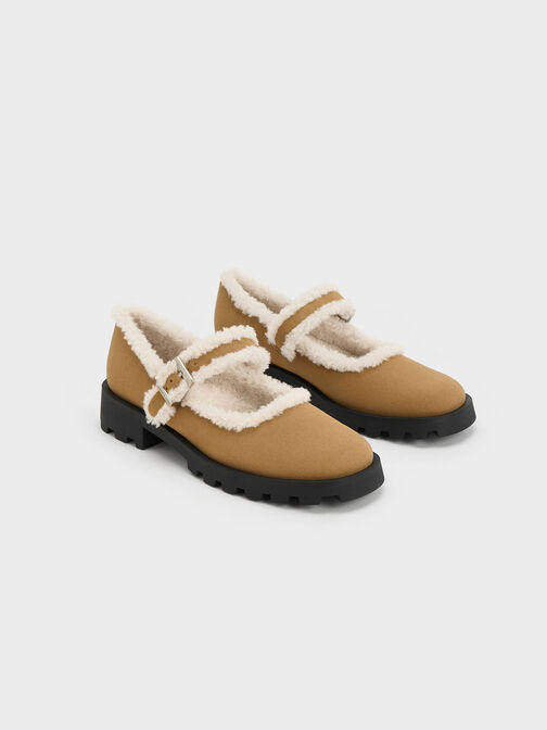 Textured Fur-Trim Buckled Mary Janes, Khaki, hi-res