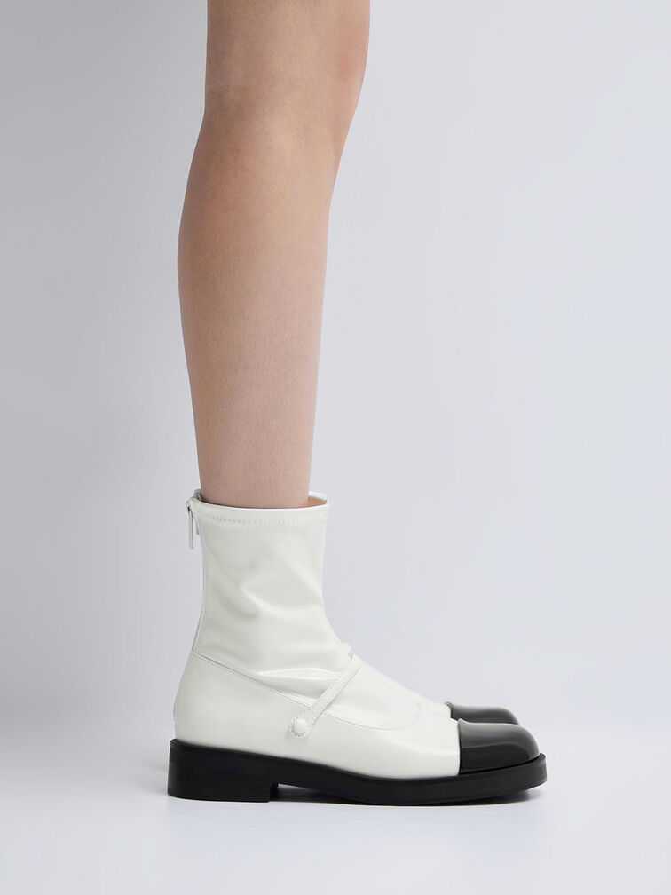 Front-Strap Two-Tone Ankle Boots, White, hi-res