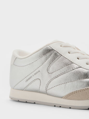 Girls' Faux Suede Metallic Low-Top Sneakers, Silver, hi-res