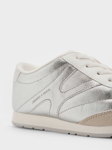 Girls' Faux Suede Metallic Low-Top Sneakers, Silver, hi-res