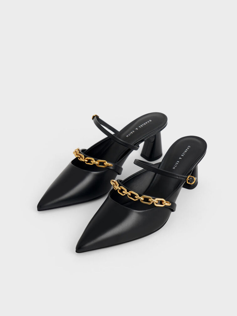 Chain-Link Trapeze Heel Mules, Black, hi-res