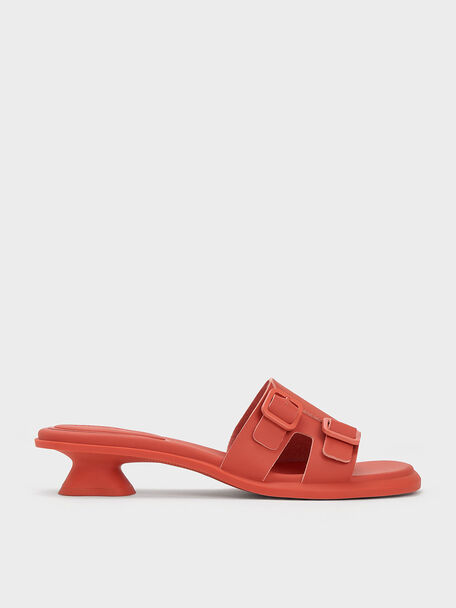 Double Buckle Sculptural Mules, Orange, hi-res
