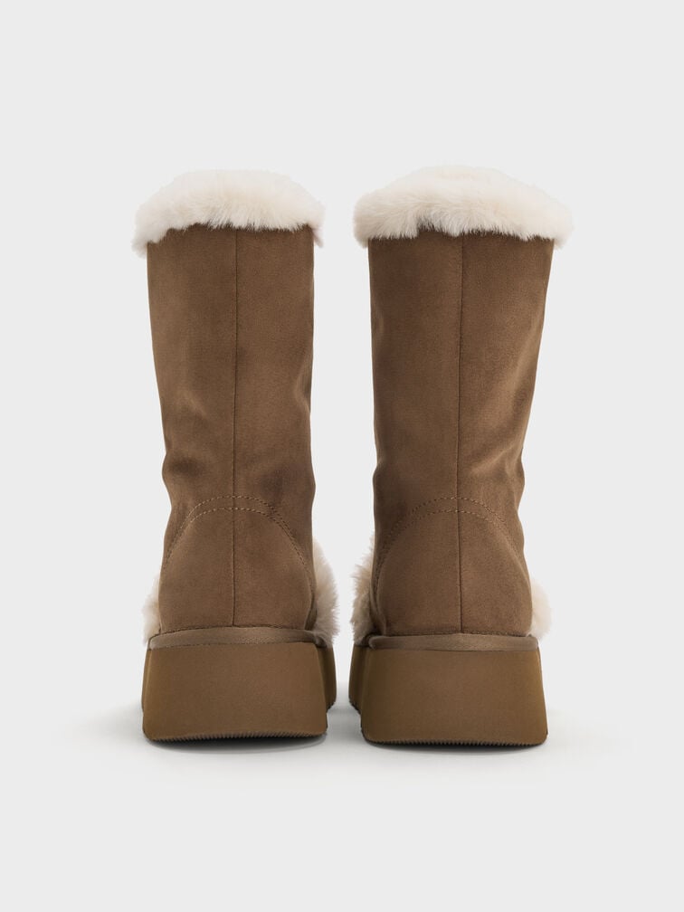 Faux Suede & Faux Fur Foldover Flatform Boots, Brown, hi-res
