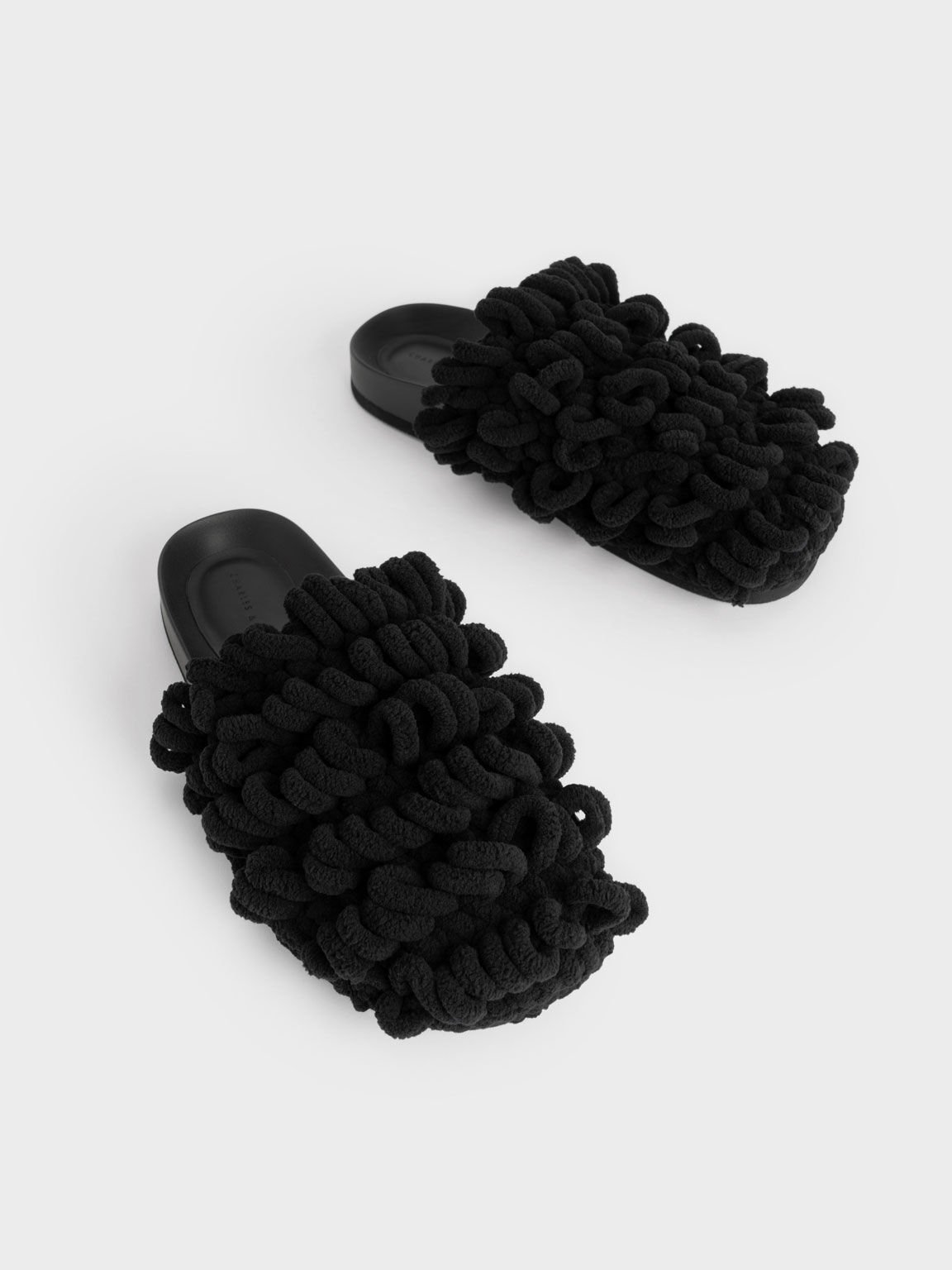 毛線圈平底拖鞋, 黑色, hi-res