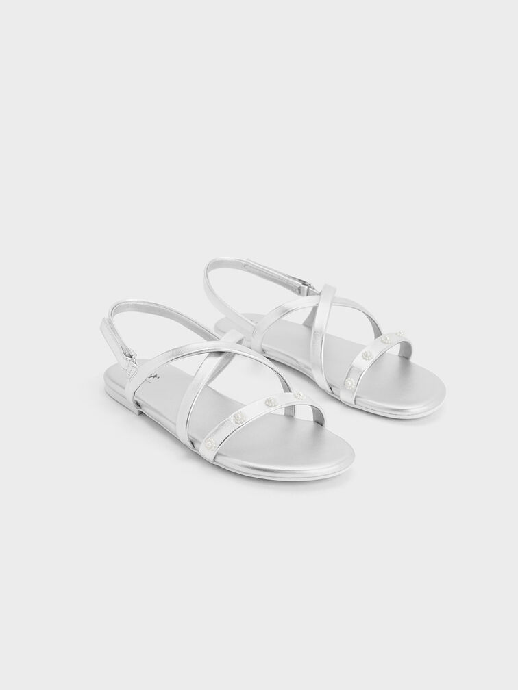 Girls' Flower-Beaded Strappy Sandals, Silver, hi-res
