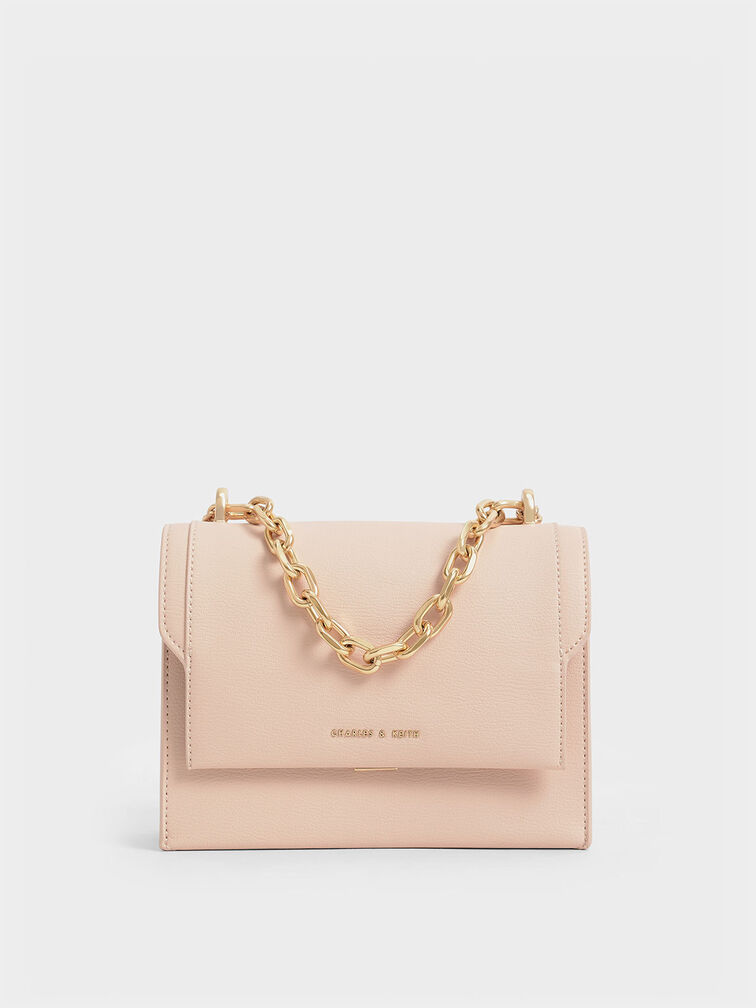 Front Flap Chain Handle Crossbody Bag, Light Pink, hi-res