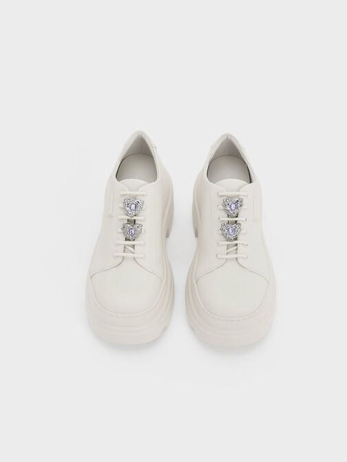 Crystal Heart-Motif Lace-Up Oxfords, Chalk, hi-res
