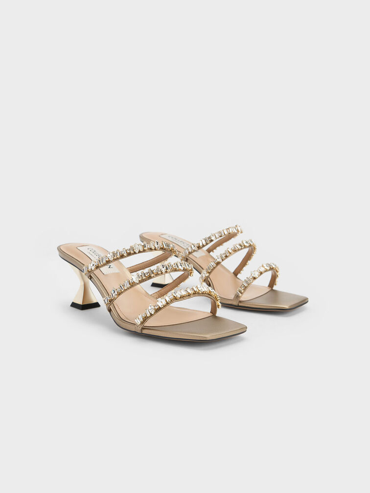 Gem-Encrusted Metallic Strappy Sandals, Gold, hi-res